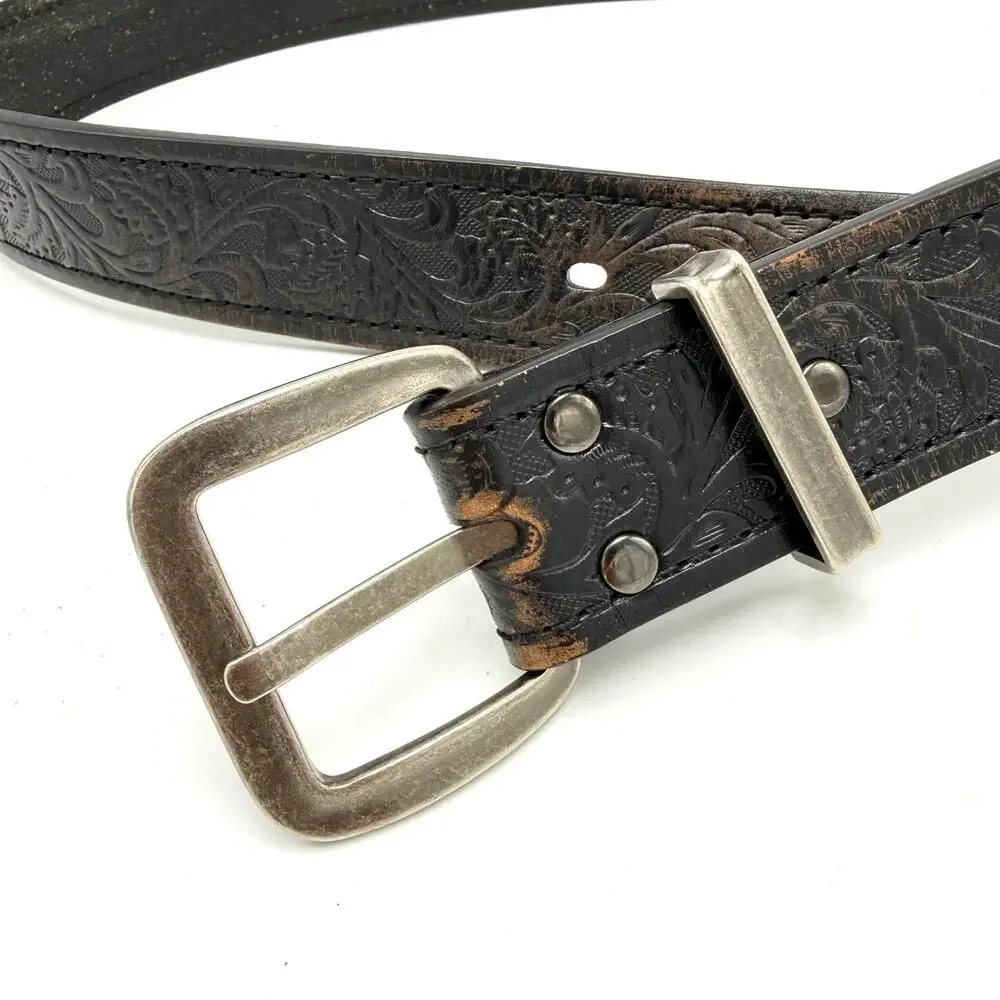 Ariat Floral Tooled Black Leather Western Belt 40 Distressed Cowboy Handcrafted